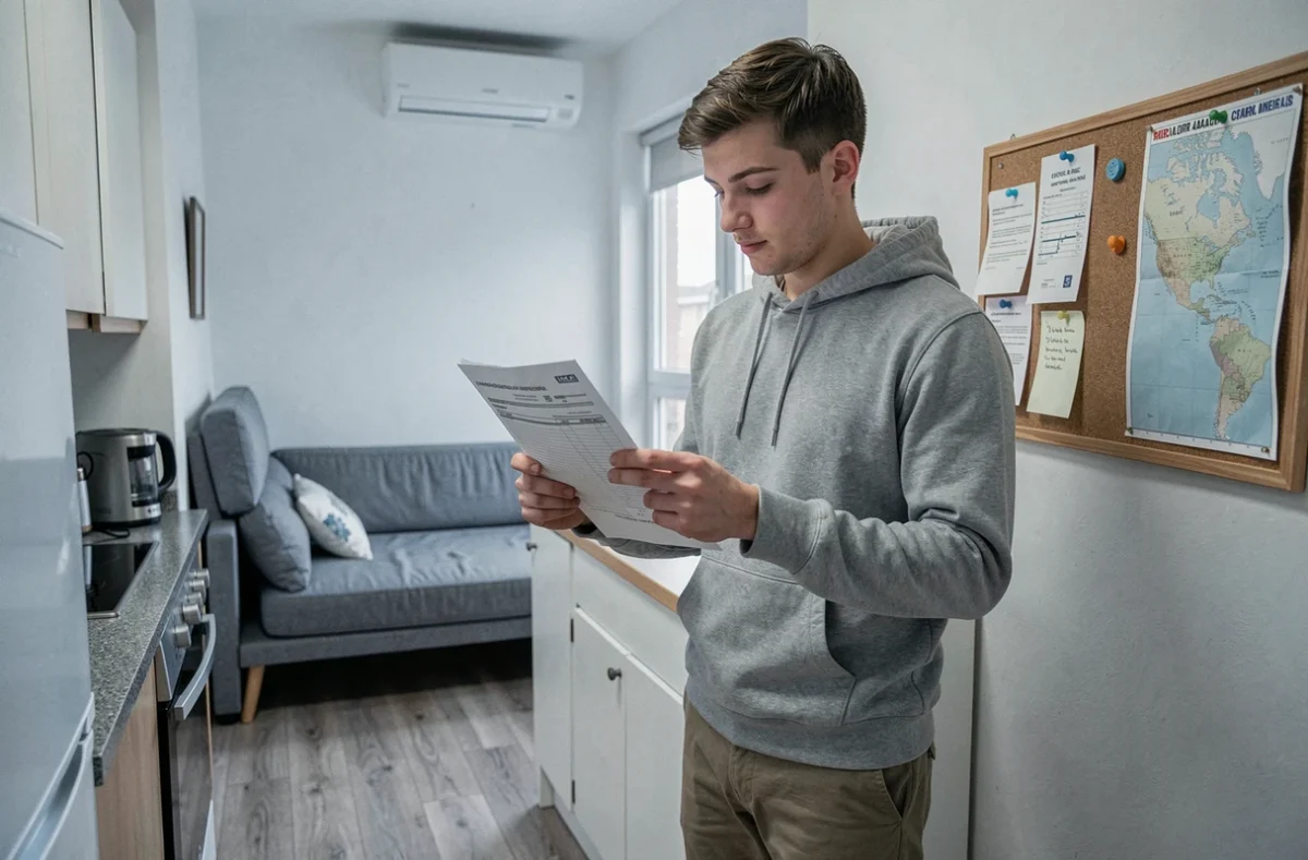 Jeune homme lisant un contrat d'assurance habitation dans un petit studio étudiant meublé