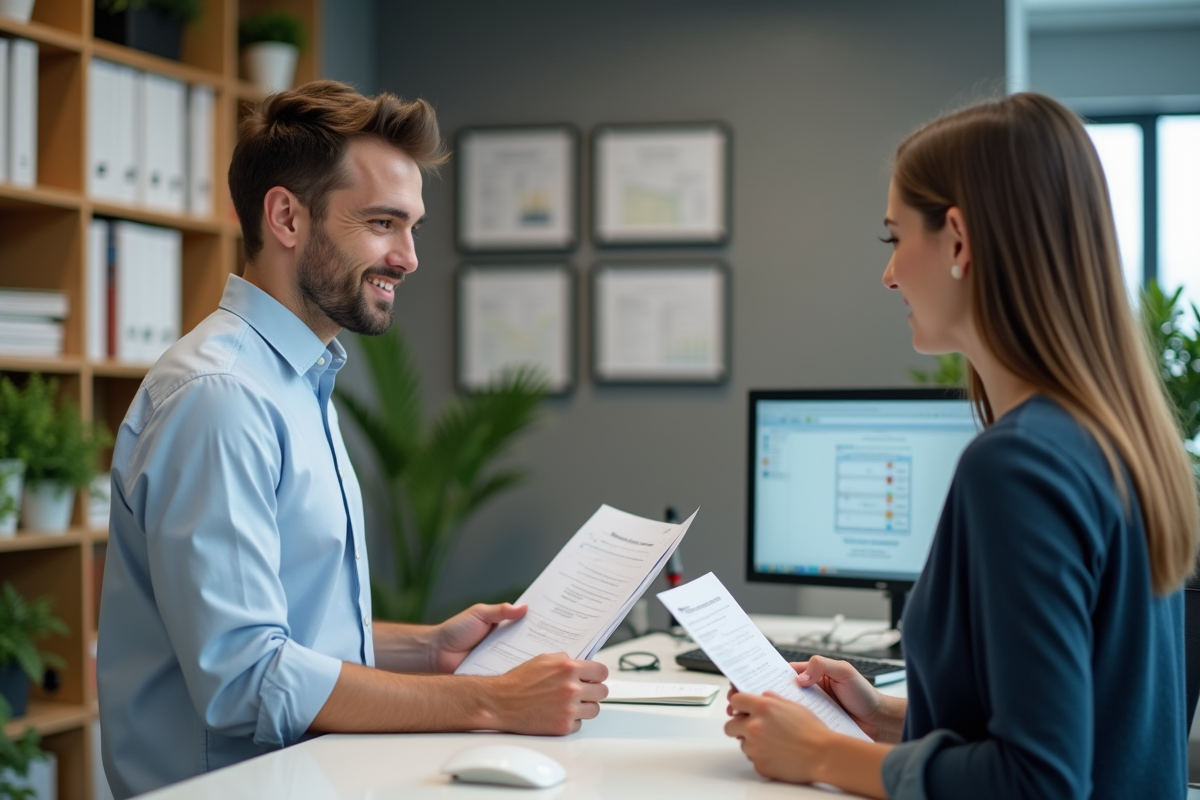 Jeune homme remet des formulaires au guichet municipal