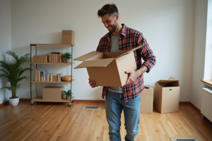 Jeune homme soulevant une boîte en carton dans un appartement moderne