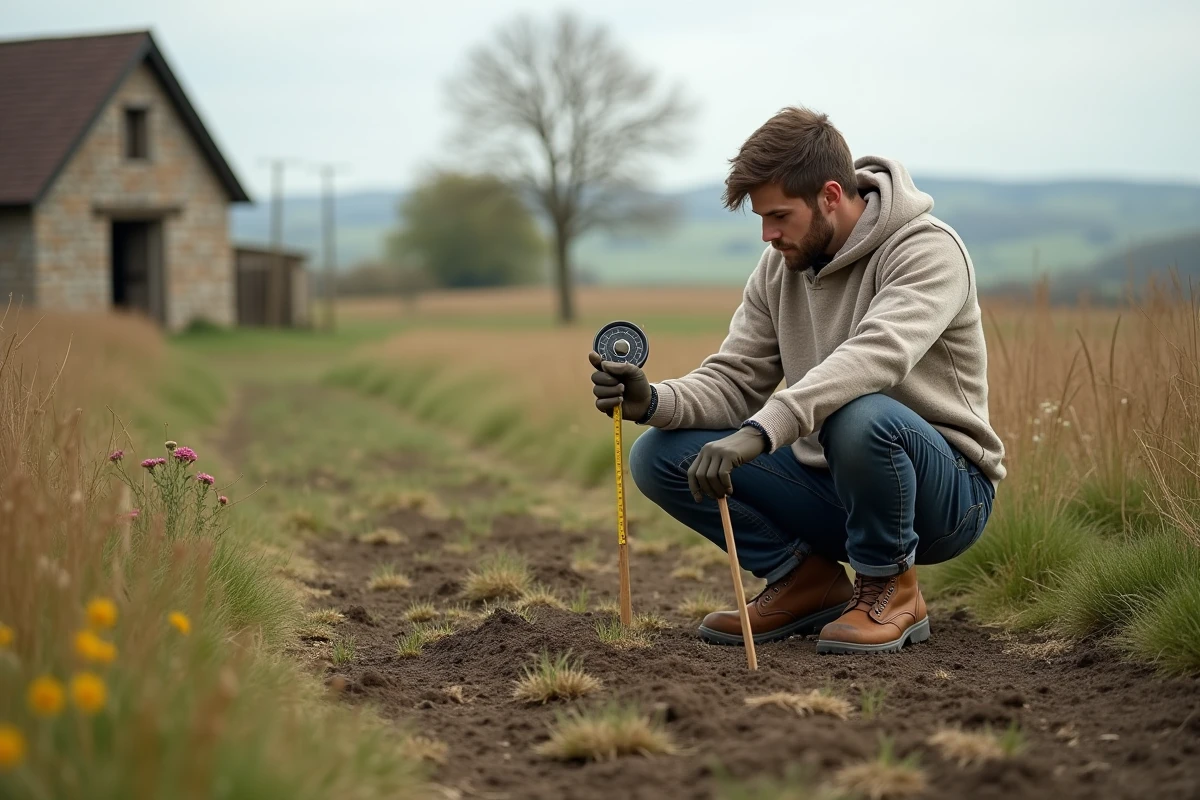 Jeune homme mesurant un terrain rural avec un rouleau