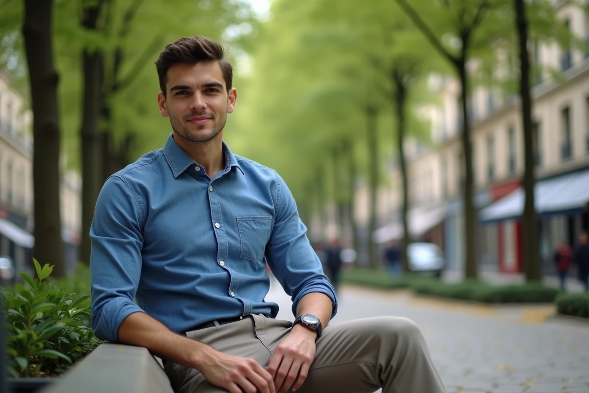 Jeune homme assis sur un banc dans un square calme