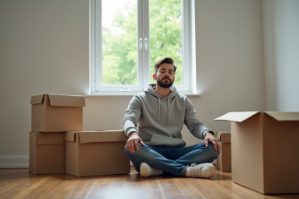 Jeune homme assis sur le sol avec cartons dans une pièce calme