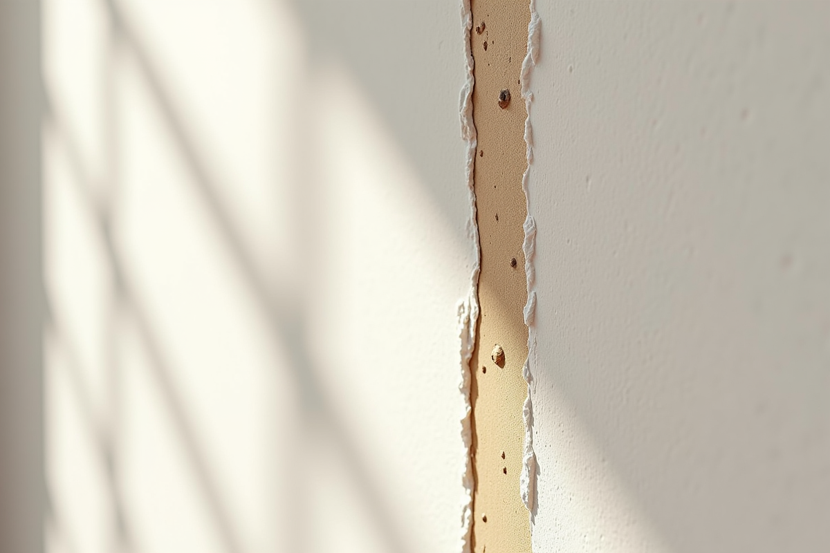Zoom sur une bande à joint mal appliquée sur placo avec bulles
