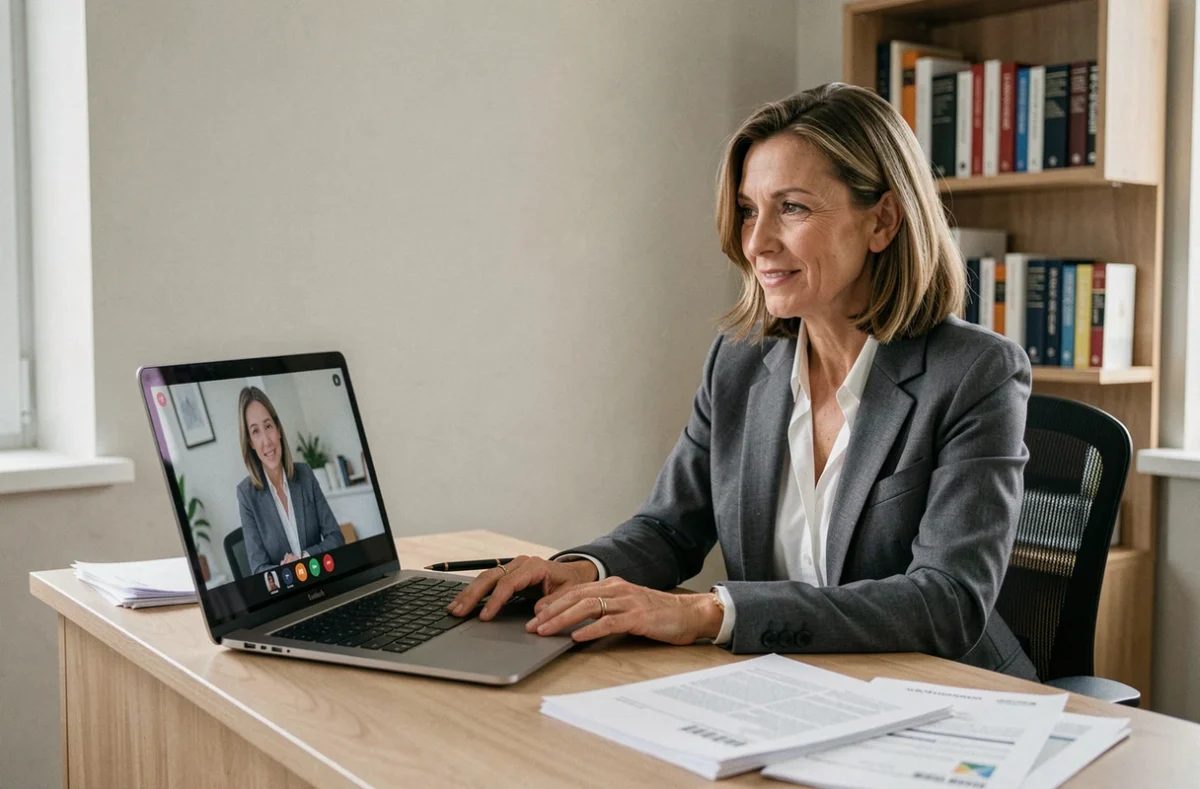 Karine Delannoy conduisant une consultation en visioconférence sur le financement immobilier depuis son bureau
