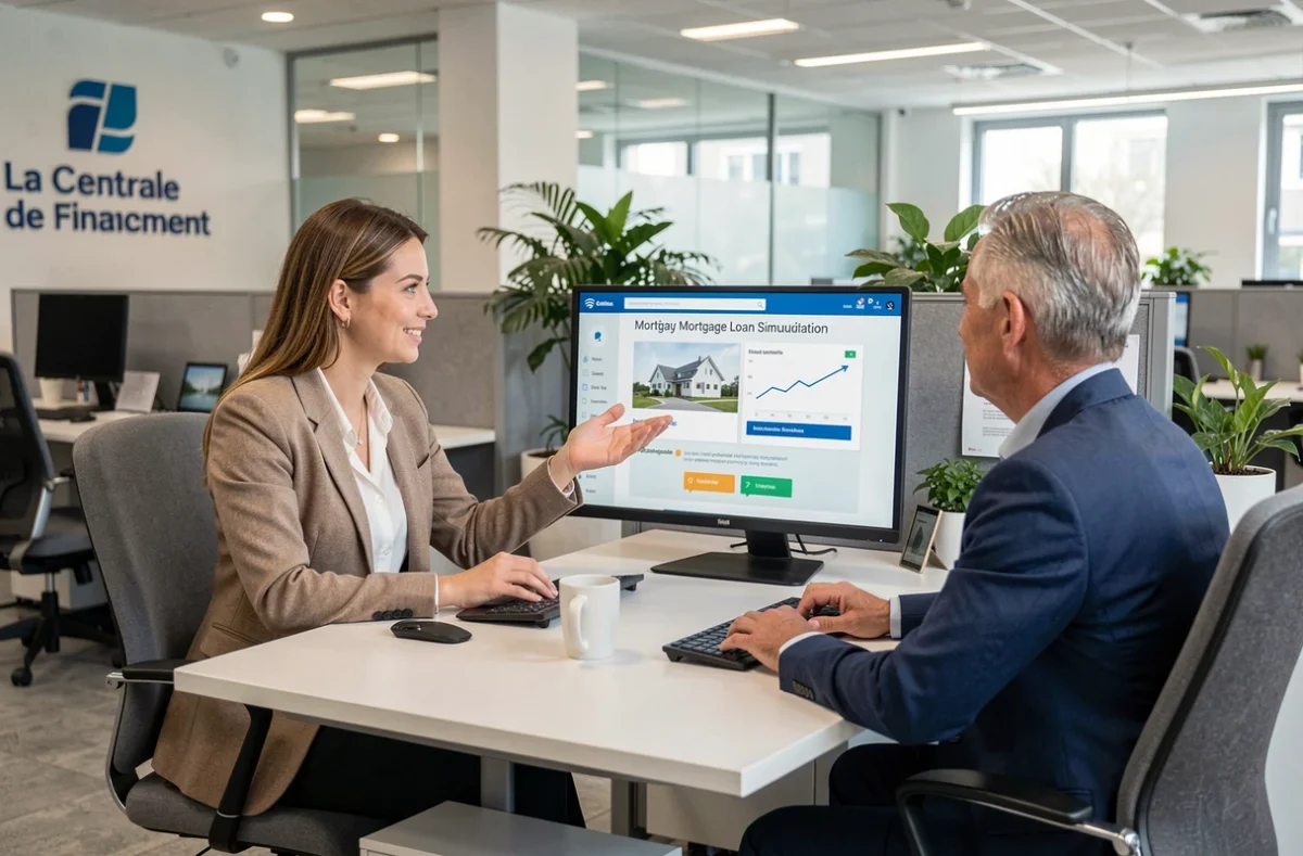 Conseillère de La Centrale de Financement présentant des simulations de prêt immobilier à des clients