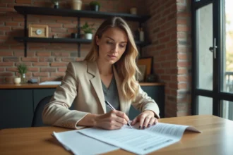 Femme lisant attentivement un bail de location dans un appartement moderne, stylo à la main, zone tendue immobilier