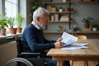 Locataire en situation de handicap en fauteuil roulant consultant des documents de colocation dans un appartement partagé
