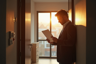 Propriétaire inquiet tenant une lettre officielle devant un appartement moderne