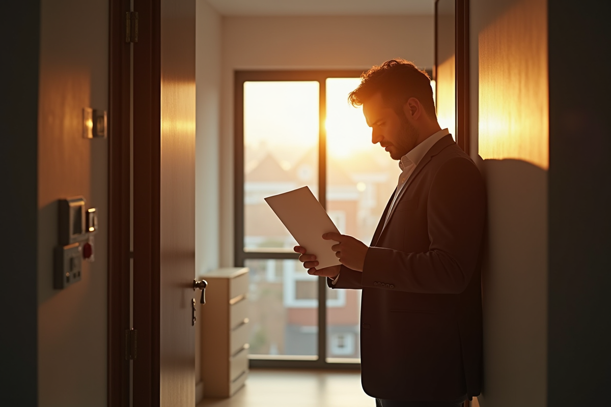 Propriétaire inquiet tenant une lettre officielle devant un appartement moderne