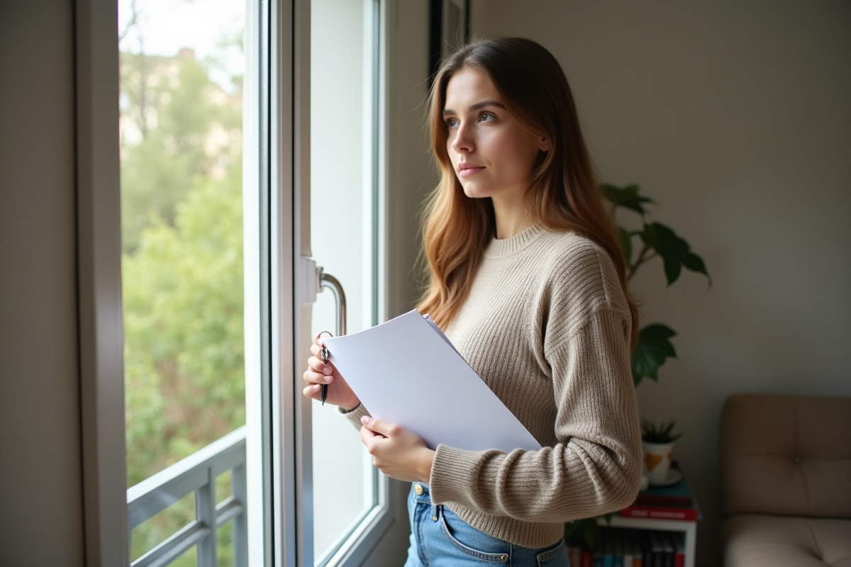 Jeune femme locataire tenant des documents dans un appartement lumineux