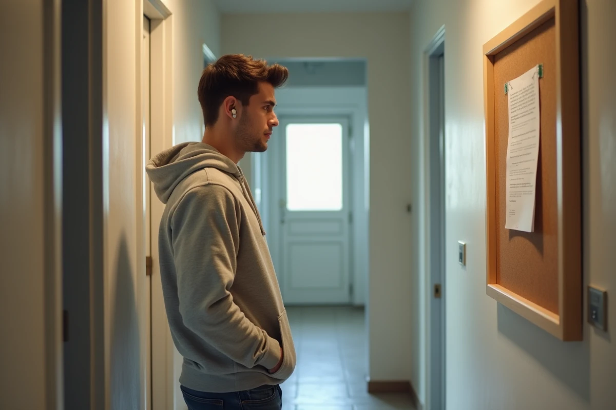 Jeune locataire malentendant lisant un avis affiché dans le couloir d'un appartement en colocation