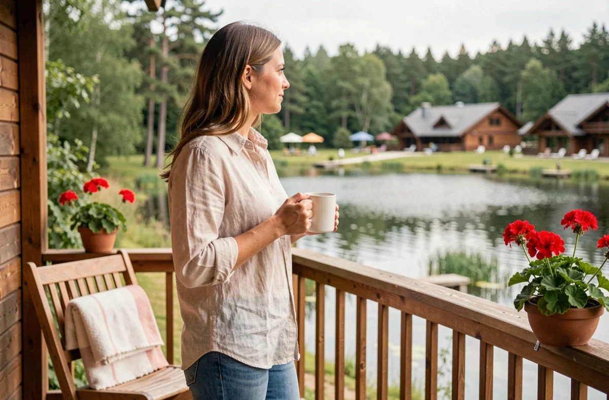 Femme profitant de la terrasse d'un chalet locatif en parc résidentiel de loisirs avec vue sur un lac, illustrant l'attrait touristique d'un investissement locatif en PRL