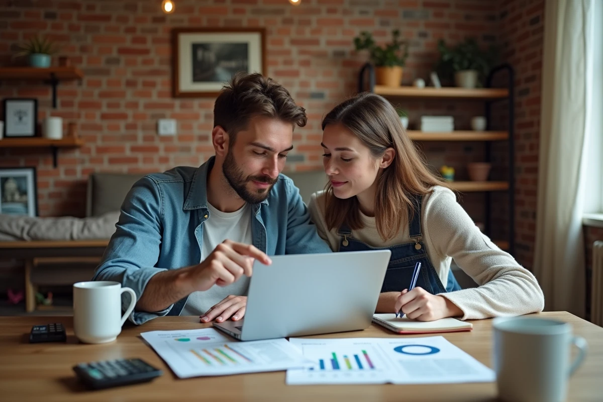 Couple de locataires analysant l'indice de référence des loyers et calculant une augmentation de loyer