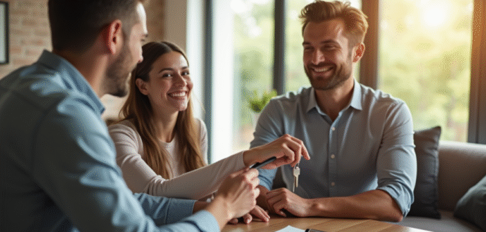 Propriétaire confiant remettant les clés à un couple souriant dans un salon lumineux