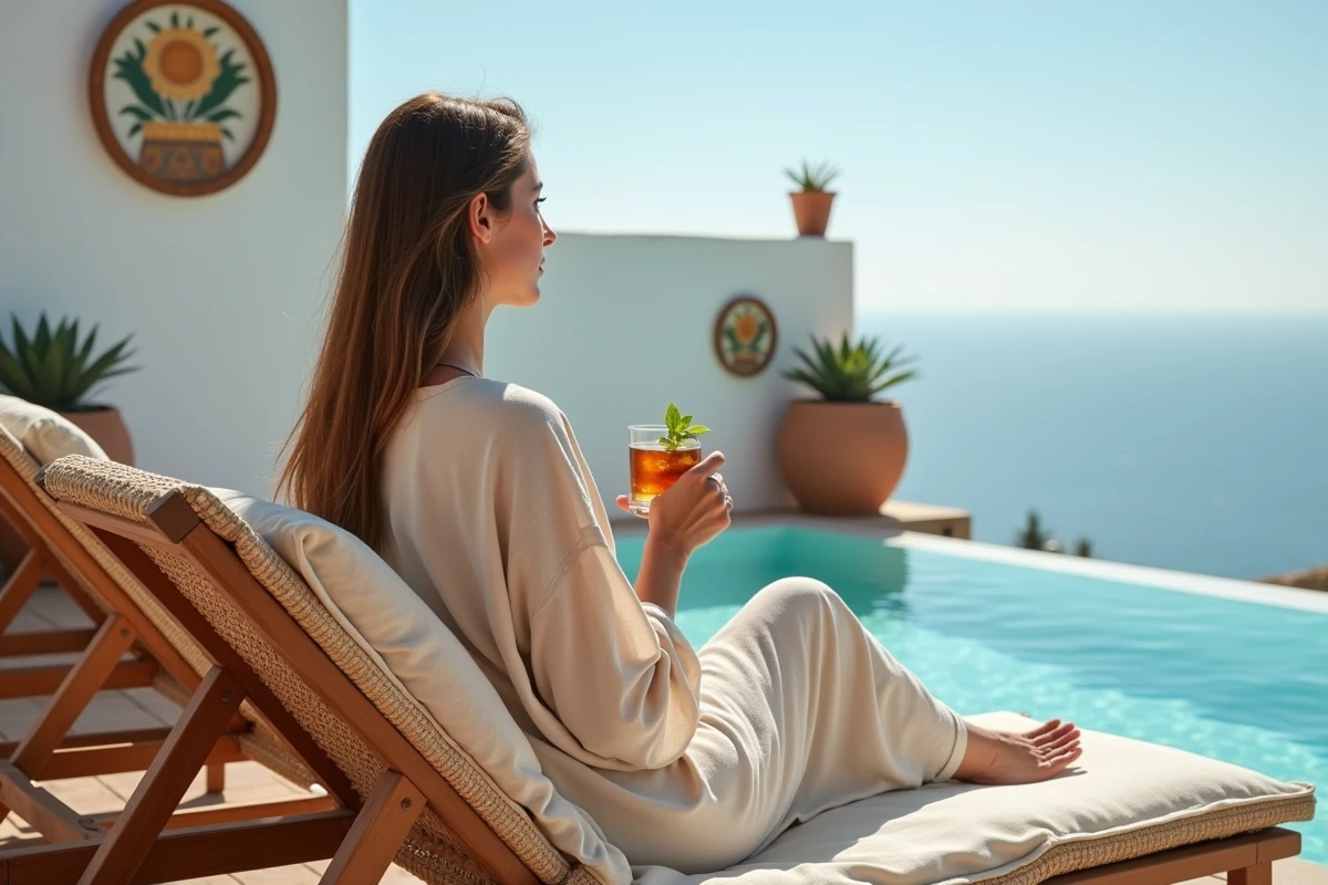 Femme en kaftan se relaxant au bord d'une piscine chauffée dans une maison de vacances à Essaouira au Maroc