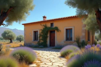 Maison abandonnée en pierre avec façade ocre délabrée et jardin envahi en Provence, PACA