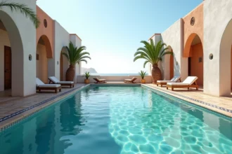 Piscine chauffée d'une maison de location de luxe à Essaouira avec carrelage zellige bleu et murs blancs traditionnels