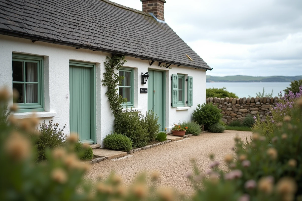 Maison normande à vendre en bord de mer avec panneau de vente, village côtier de Normandie