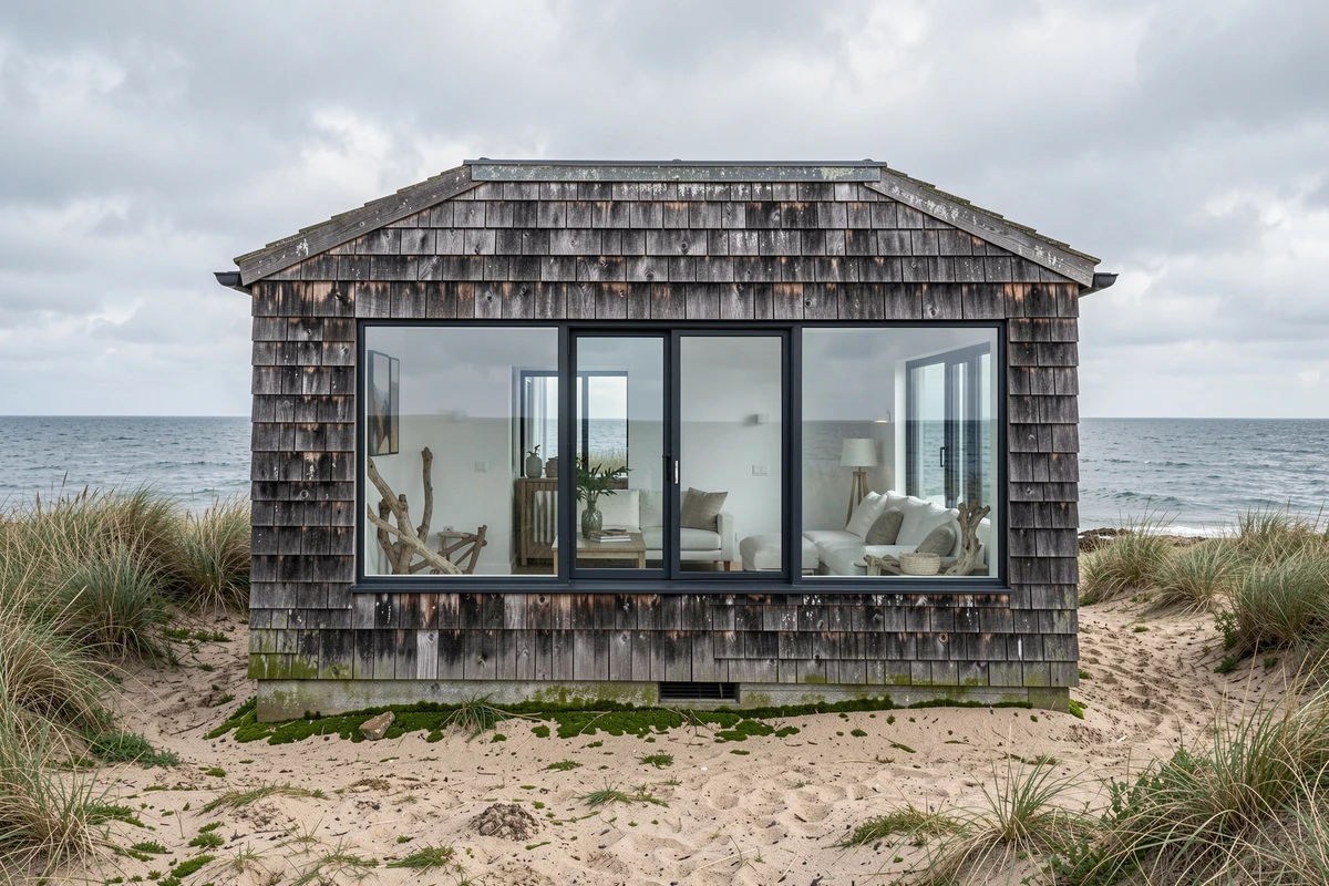 Maison de pêcheur rénovée en bord de mer normand avec grandes baies vitrées et vue sur la Manche grise