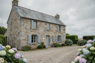 Maison en pierre de granit bretonne avec volets bleus et toit en ardoise entourée d'hortensias, typique de l'immobilier breton