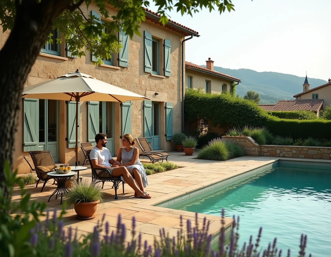 Maison provençale restaurée avec piscine et terrasse aménagée, couple profitant de leur résidence de rêve en PACA