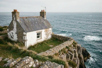 Maison en pierre bretonne avec vue sur mer depuis une falaise atlantique, jardin sauvage et horizon marin