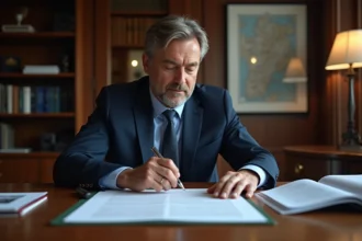 Marchand de biens analysant des documents fiscaux et TVA dans un bureau professionnel