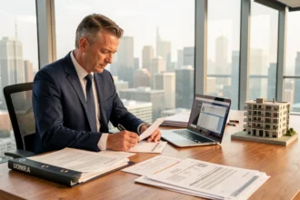 Marchand de biens analysant des documents fiscaux et immobiliers dans un bureau professionnel moderne