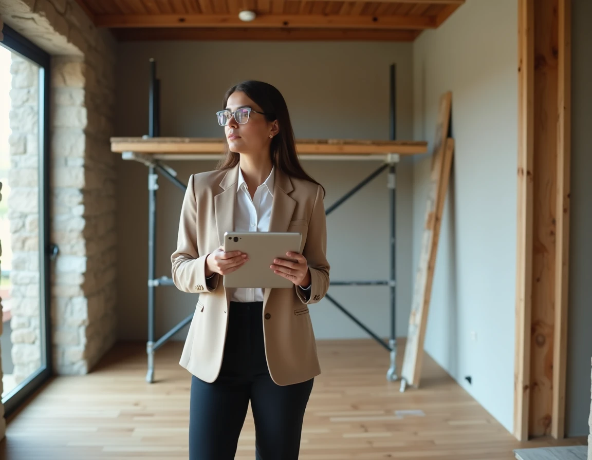 Marchand de bien inspectant un appartement en rénovation avec tableau de calcul de marge immobilière sur tablette