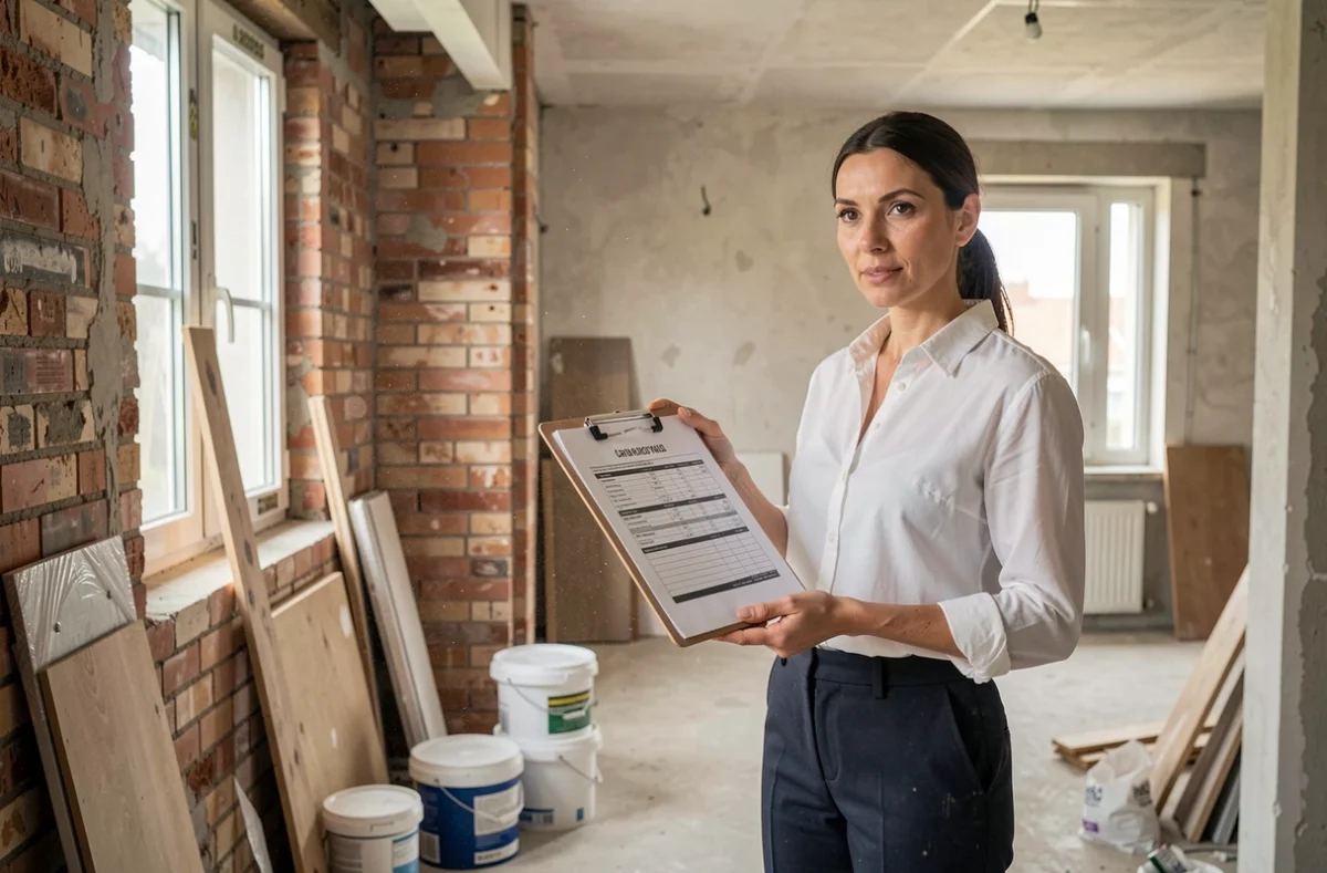 Marchande de biens supervisant la rénovation d'un appartement avec documents de calcul de TVA