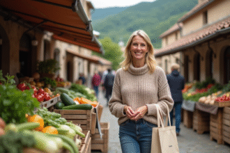 Femme souriante achetant des légumes au marché rural