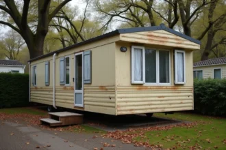 Mobil home ancien de plus de 20 ans dans un parc résidentiel français entouré d'arbres en automne