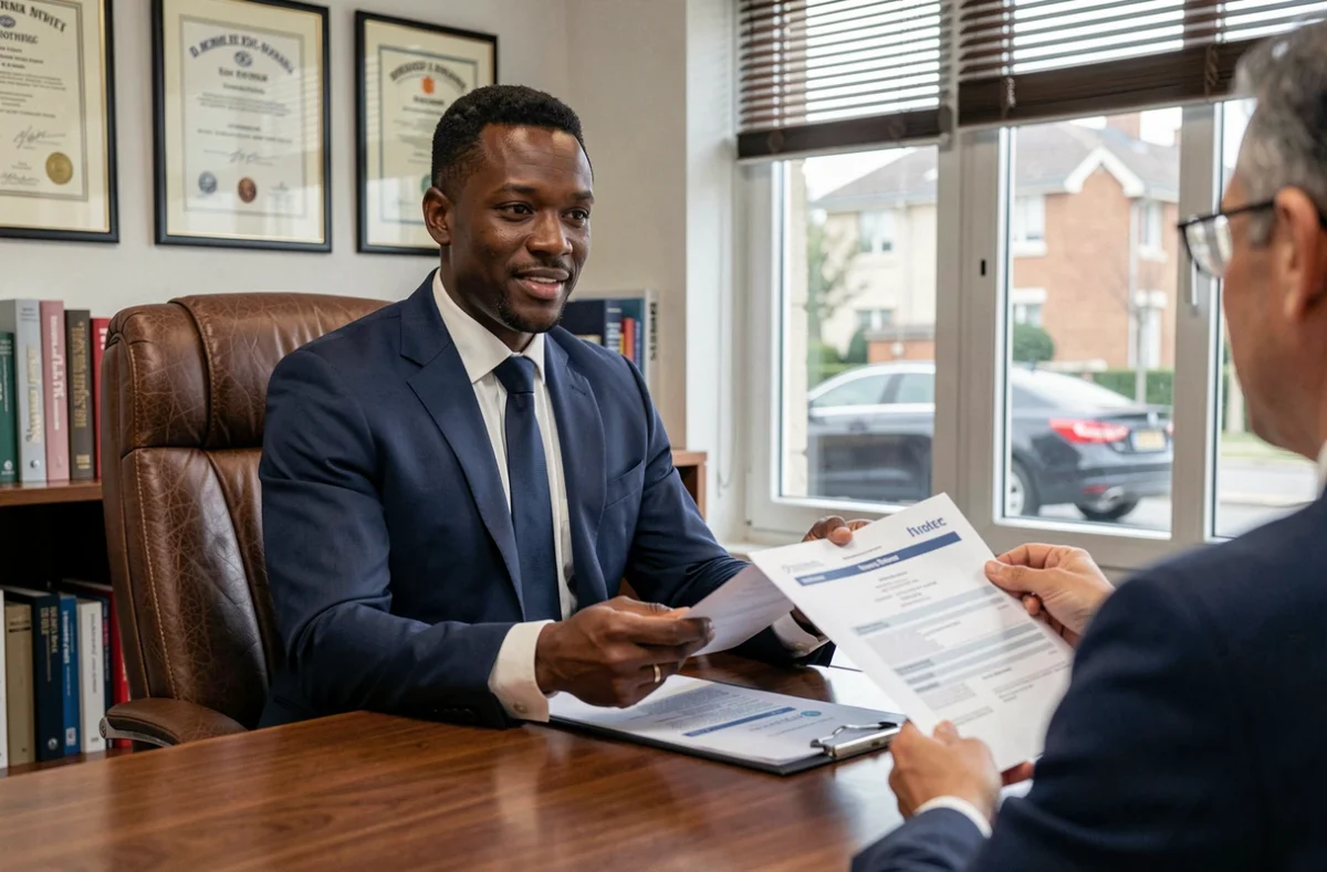 Courtier Mpome Eric-Roméo en costume marine présentant un dossier de prêt immobilier à son client