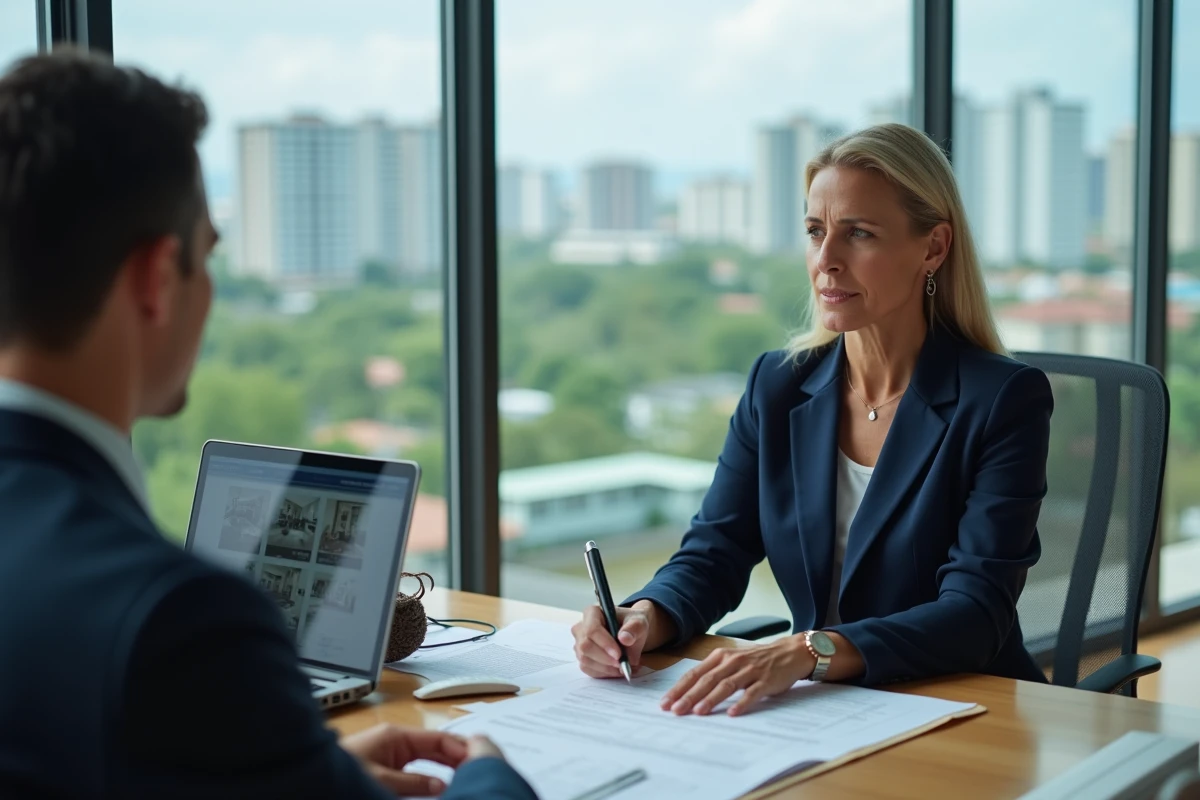 Investisseuse étrangère et agent immobilier mauricien analysant un contrat d'achat immobilier à Port Louis