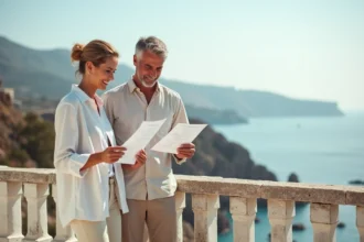 Couple examinant des documents immobiliers sur la terrasse d'une maison vue sur la mer lors d'une négociation de prix