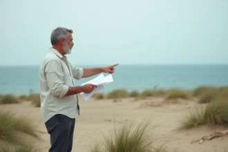 Homme consultant des documents sur un terrain en bord de mer à vendre, vue côtière en arrière-plan