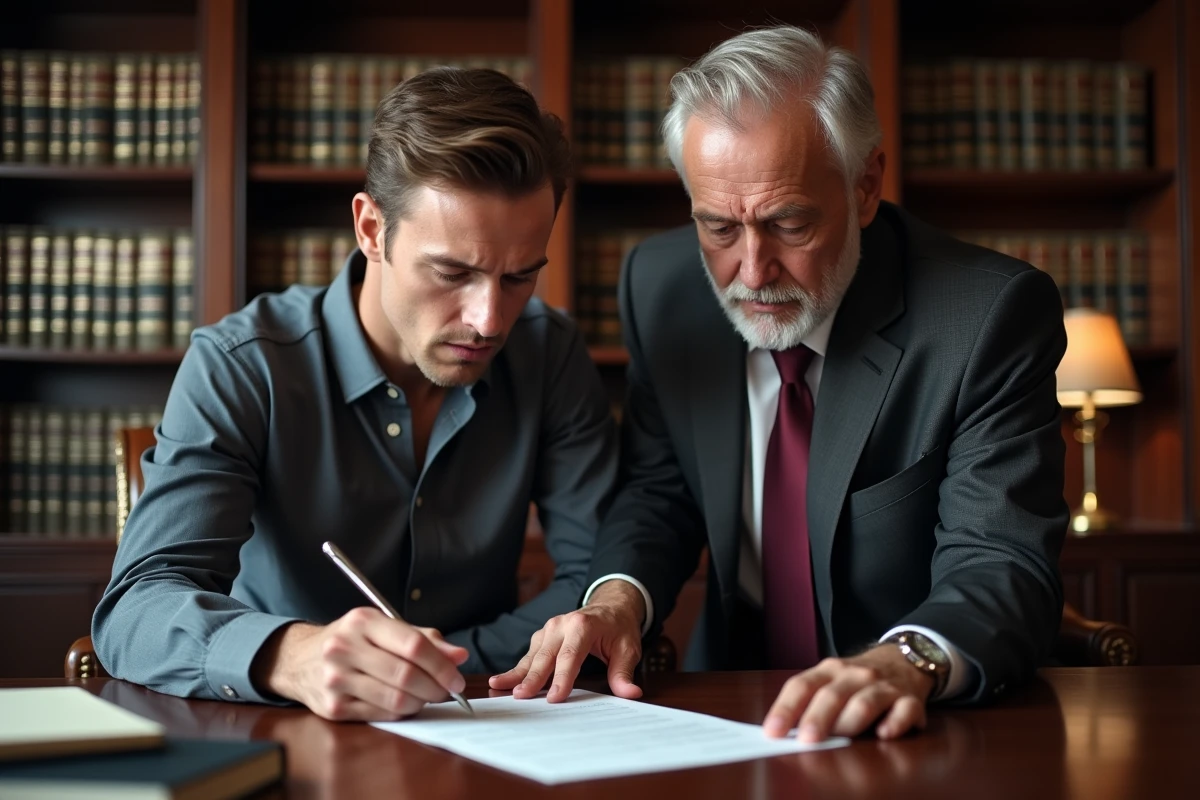 Notaire expliquant les clauses d'un contrat d'achat immobilier à un client dans le cadre de la réforme Lagleize