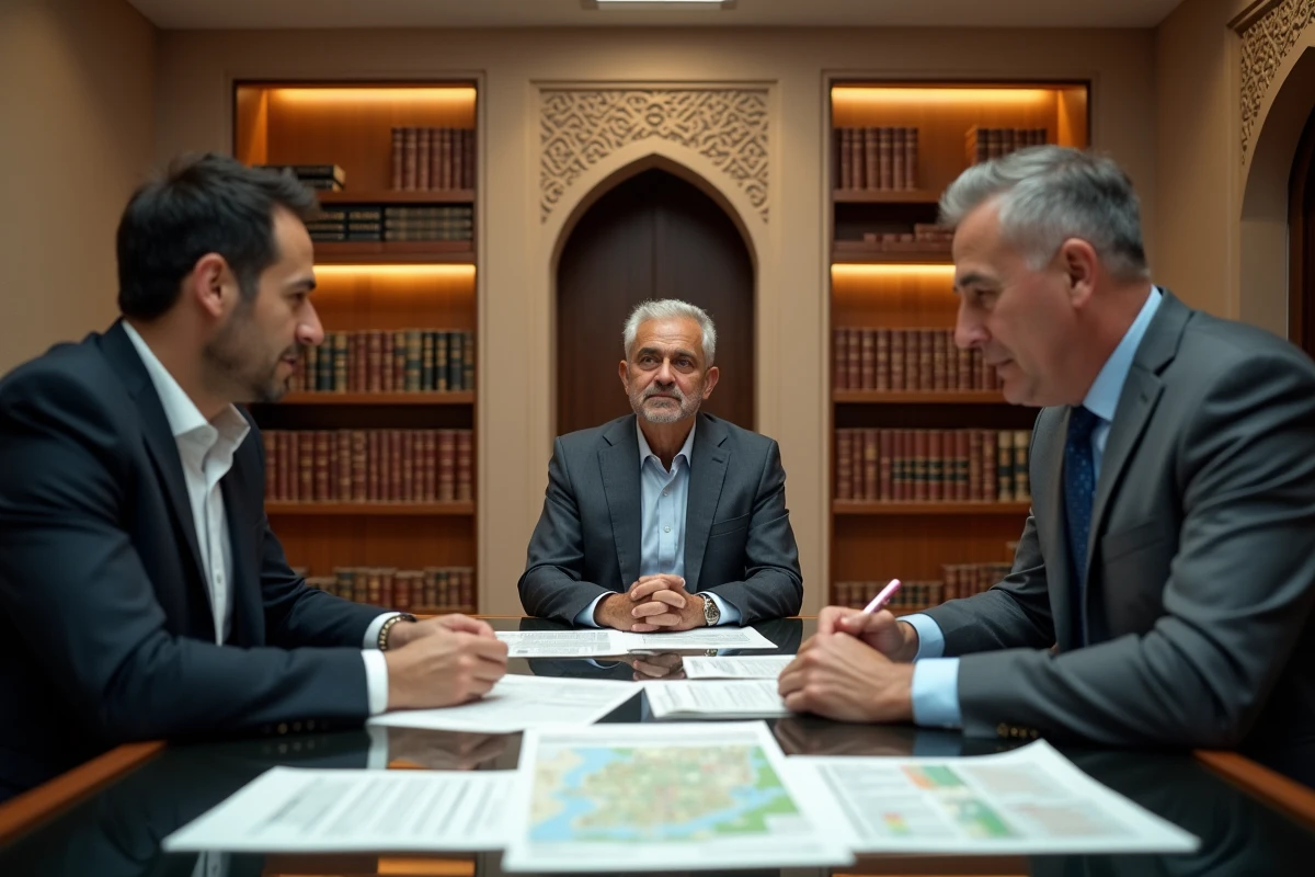 Notaire marocain et couple français signant un contrat de vente immobilière à Marrakech avec documents fiscaux