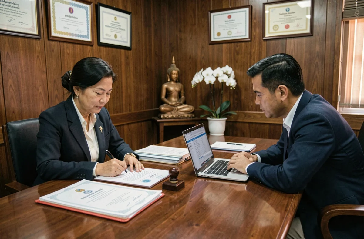 Notaire thaïlandaise et investisseur étranger signant les documents d'enregistrement d'une société pour l'achat d'une maison en Thaïlande