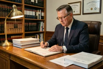 Notaire en costume marine examinant un acte de propriété dans son étude, stratégies de frais de notaire pour marchand de bien