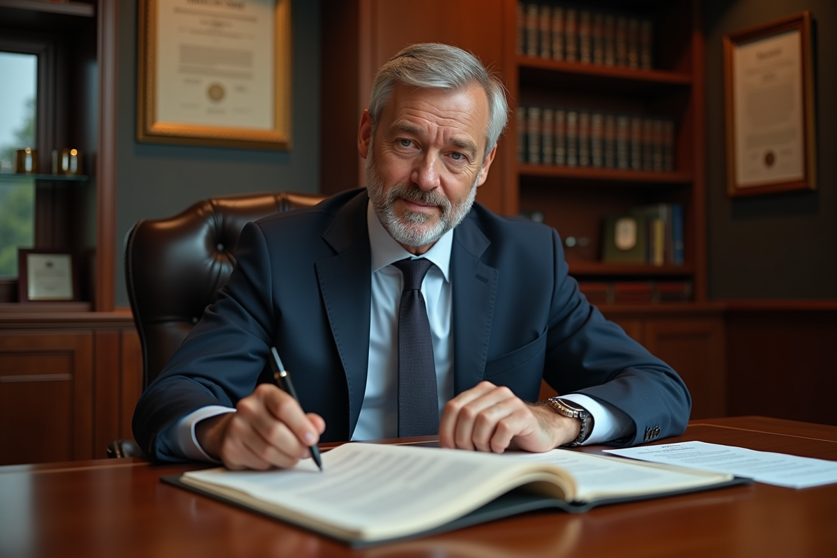 Notaire professionnel examinant des documents officiels dans son bureau