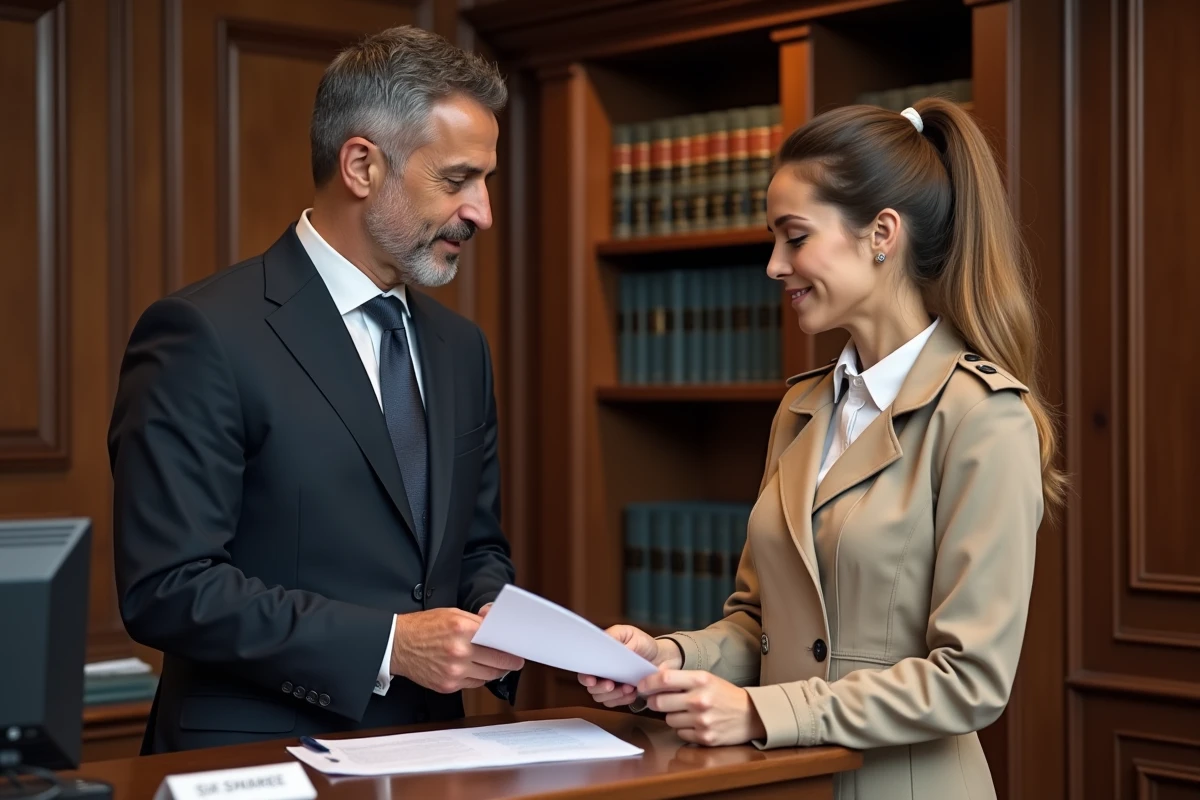 Notaire et propriétaire vendeur consultant un document pré-état daté dans une étude notariale