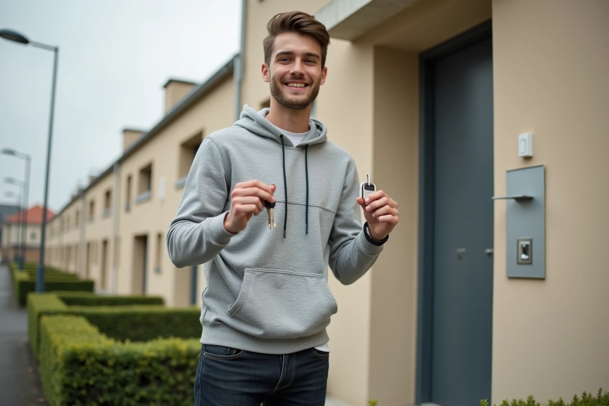 Jeune propriétaire tenant ses clés devant son nouveau logement financé grâce au prêt 1% employeur