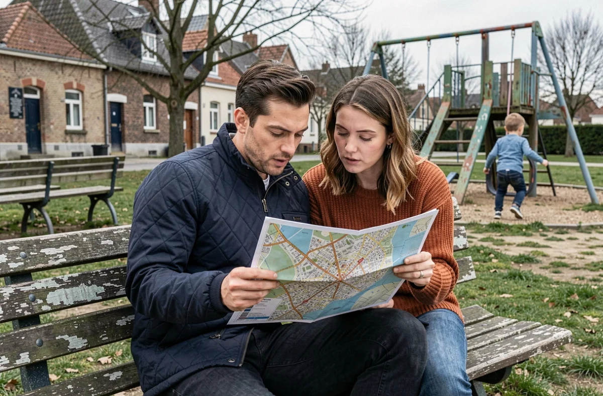 Parents consultant une carte de Nantes dans un parc de quartier pour choisir le meilleur endroit pour vivre en famille
