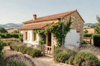 Petite maison avec jardin à louer dans les Pyrénées-Orientales avec façade en pierre et lavande