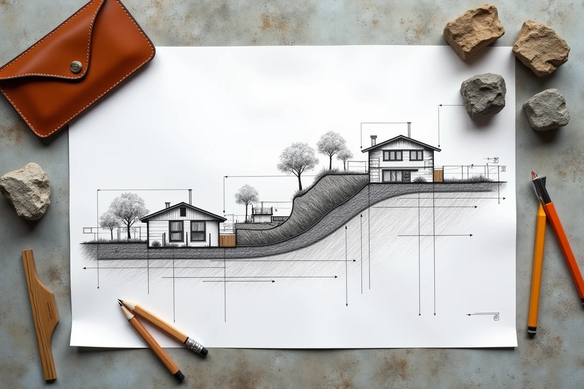 Plan de coupe dessiné à la main d'un terrain très en dénivelé avec annotations de niveaux et murs de soutènement