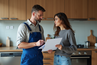 Plombier en discussion avec une femme dans une cuisine endommagée