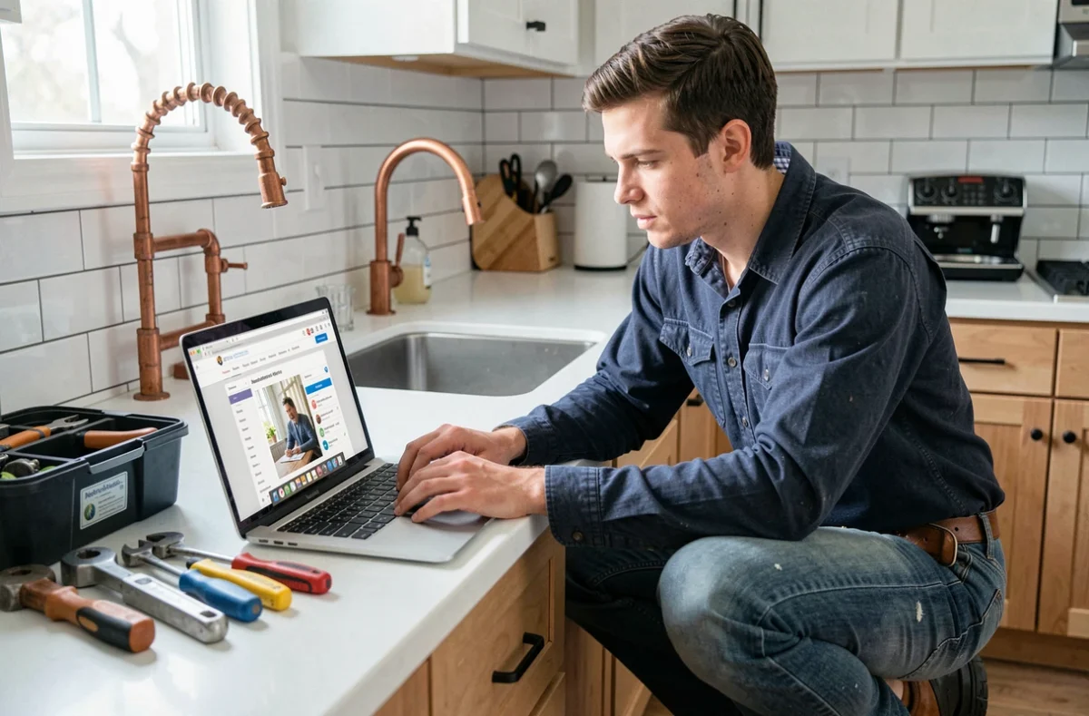 Plombier répondant à une demande client en ligne depuis son ordinateur portable sur un chantier de cuisine, illustrant la visibilité numérique des artisans