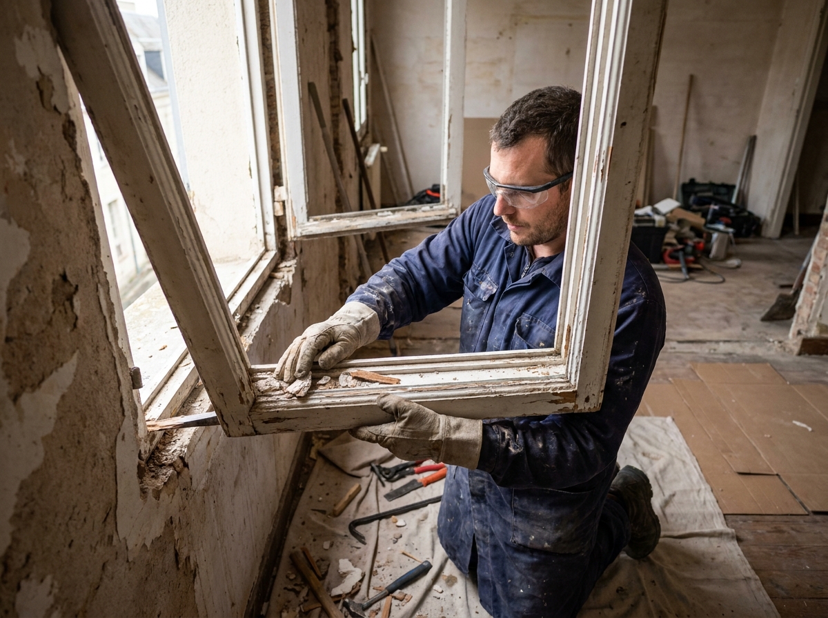 Artisan en train de déposer une ancienne fenêtre à simple vitrage dans un appartement rennais en cours de rénovation