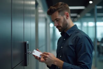 Professionnel IT analysant un badge RFID avec un lecteur de contrôle d'accès dans un couloir d'entreprise moderne